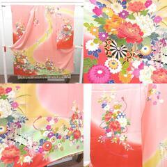 子供着物 女の子用 四つ身 襦袢セット ピンク×薄オレンジ×黄緑ぼかし 花車 一つ紋 ツタ紋 パールトーン加工 正絹 袷 フォーマル 子供きもの 女児 七五三 祝着 身丈133cm【中古】 【キモノオフ野々市若松店】の画像