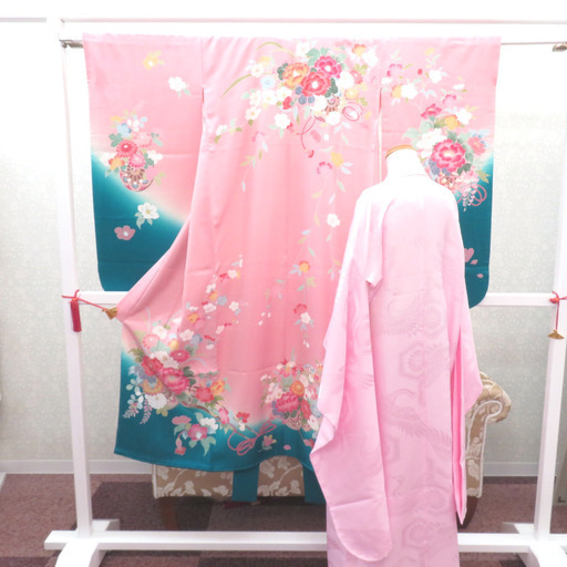 子供着物 女の子用 四つ身 襦袢セット ピンク×薄オレンジ×黄緑ぼかし