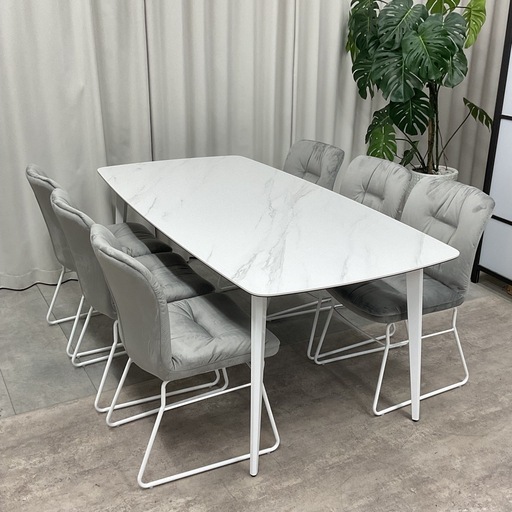 KI-28【新入荷　アウトレット品】ドルフ/セラミックトップ　ダイニング7点セット　白×グレー