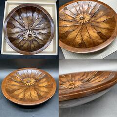 L368　木彫り皿　木製 皿 ボウル 花 彫刻装飾 サービングボウル　ヴィンテージ　大皿　飾り皿の画像