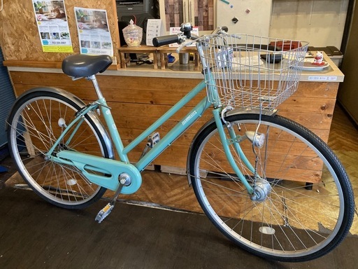 【前後タイヤ・チューブ新品！】 LEDオートライト　シングルギア　27インチ自転車　エメラルドグリーン