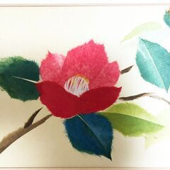 ちぎり絵 椿の花「真作」リビングルーム装飾 和紙ハンドメイド作品 インテリア額縁付きの画像