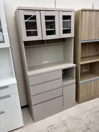 リユースのサカイ栃木店★ジモティ割あり★  食器棚 オイスターホワイト W90×D41.5×H182.5 クリーニング済み TC10817