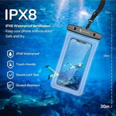 新品！2枚セット Syncwire 防水ケース スマホ 防水ケース 携帯防水ケース IPX8認定 顔認証 完全密封 よいタッチ iPhone/Android対応 7インチ以下全機種対応 ネックストラップ付き 水中撮影 お風呂 海水浴 水泳 旅行 雪 温泉プール 雨 潜水など適用（ブラック＋透明）の画像