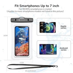 新品！2枚セット Syncwire 防水ケース スマホ 防水ケース 携帯防水ケース IPX8認定 顔認証 完全密封 よいタッチ iPhone/Android対応 7インチ以下全機種対応 ネックストラップ付き 水中撮影 お風呂 海水浴 水泳 旅行 雪 温泉プール 雨 潜水など適用（ブラック＋透明）の画像