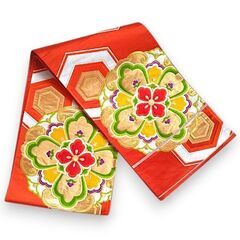 正絹 袋帯 重ね亀甲 華紋 振袖用 金糸 紅系 六通帯 アンティーク フォーマルの画像