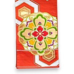 正絹 袋帯 重ね亀甲 華紋 振袖用 金糸 紅系 六通帯 アンティーク フォーマルの画像