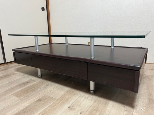 テーブル ガラステーブル 引き出し付き