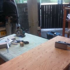 机 ハンドメイド 大工 手仕事 オスモカラー グリーン 引き出し付 中古の画像