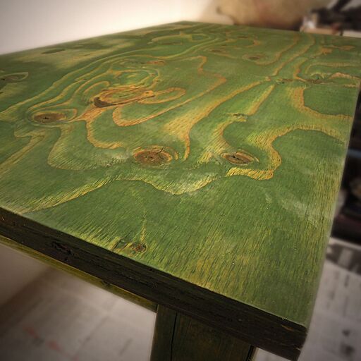 机 ハンドメイド 大工 手仕事 オスモカラー グリーン 引き出し付 中古