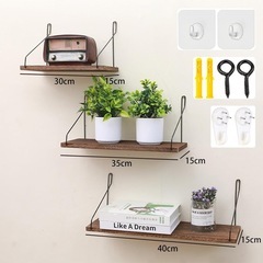 【北欧風】ウォールシェルフ 壁を傷つけない 取付簡単 3点セット ブラウンの画像