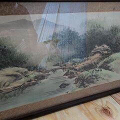 水墨画 日本画 川と山の風景画 額入り 幸山作の画像