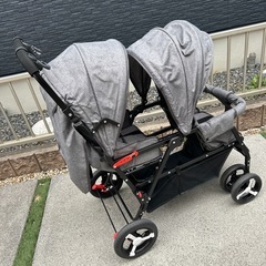 ダブルベビーカー 折りたたみ式 双子 二人乗り 縦型 グレー ブレーキ付の画像