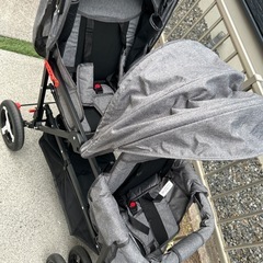 ダブルベビーカー 折りたたみ式 双子 二人乗り 縦型 グレー ブレーキ付の画像