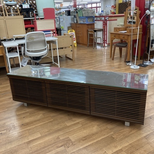 S223 ⭐ ガラスロングローボード テレビボード 上開きタイプ 大容量 ブラウン 幅180cm USED