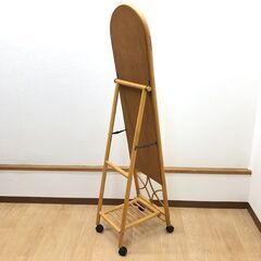 stp-3435　ラタンスタンドミラー　キャスター付き　籐家具　レトロ　アンティーク　全身ミラー　鏡　姿見　収納付　棚付きの画像