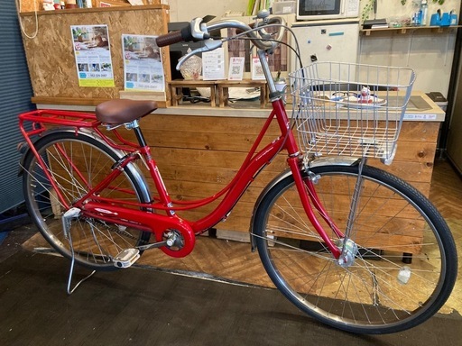 【前後タイヤ・チューブ新品！】 LEDオートライト　内装3段　26インチ自転車　レッド