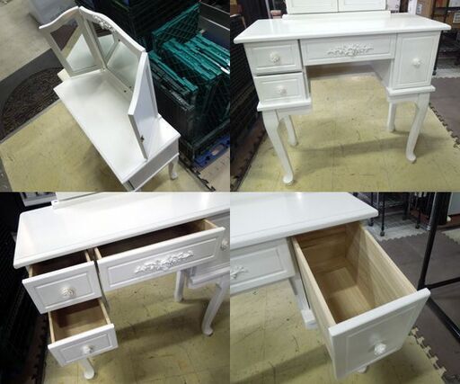 姫系 アンティーク調 ドレッサー 3面鏡 ホワイト 猫脚 椅子付き バラ 鏡台 札幌市東区 新道東店 姫系 アンティーク調 ドレッサー 3面鏡 ホワイト 猫脚 椅子付き バラ