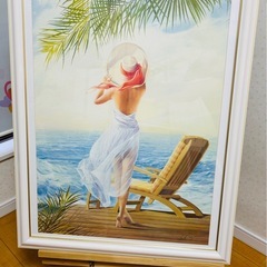美品！海辺とヤシの木/木陰くつろぐ美しい女性。風景画(額縁付き)の画像