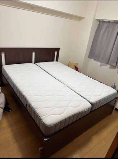 IKEA SONGESAND ソンゲサンド ベッドフレーム , ブラウン/ルーローイ, 140x200 cmとポケットコイルマットレス, かため/ライトブルー, 90x200 cm
