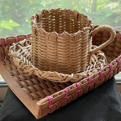 クラフトバンド編み　コーヒーカップ一式　箕　布草履のおまけ付の画像