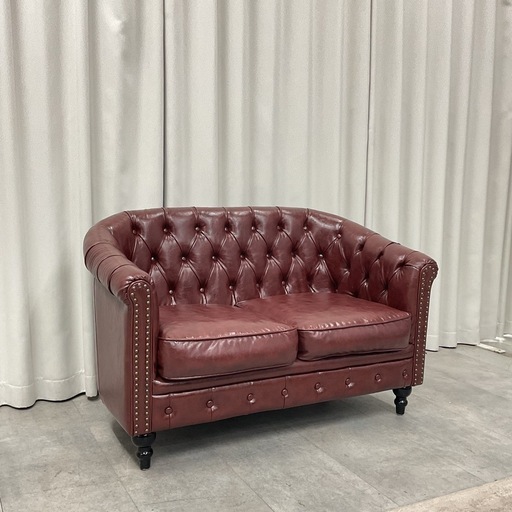 KI-30【新入荷　リサイクル品】VINCENT チェスターフィールド２シーターソファ　ワイン色