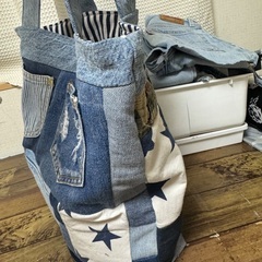 デニムリメイク　迷彩×星トートバッグ肩掛けタイプの画像