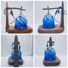 【‼️✨最終値下げ✨‼️】アンティーク調 テーブルランプ 木製台座 × 青ガラスシェード💡簡易清掃・動作確認済み❗️の画像