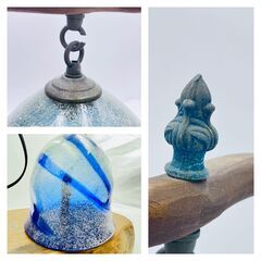 【‼️✨最終値下げ✨‼️】アンティーク調 テーブルランプ 木製台座 × 青ガラスシェード💡簡易清掃・動作確認済み❗️の画像