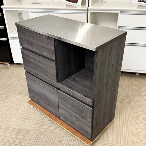 【超美品‼️】大川家具 90cm幅キッチンカウンター ミドルレンジボード 食器棚 収納家具 天板ステンレス 木目調ブラック♪
