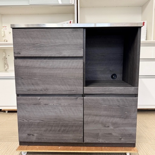 【超美品‼️】大川家具 90cm幅キッチンカウンター ミドルレンジボード 食器棚 収納家具 天板ステンレス 木目調ブラック♪