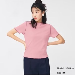 GU リブバイカラーメローコンパクトT 半袖 M ピンク　レディース　無地の画像