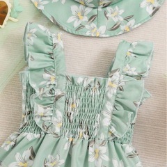 新品◆3〜6M 帽子付きフリフリロンパース◆の画像