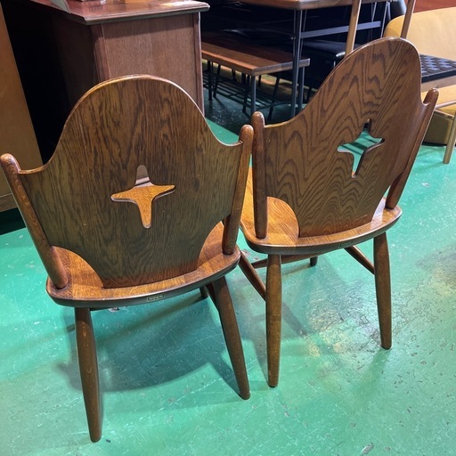 ?【レア】WINDS太平 オーク無垢材　北欧　廃盤品　アンティーク　オールド　年代物　レア　レトロ　ヴィンテージ　ビンテージ 木製チャーチチェア　椅子　イス　木製ダイニングチェア　2脚セット茶色　ブラウン　二脚　飛騨産業　【2せっと2セット】