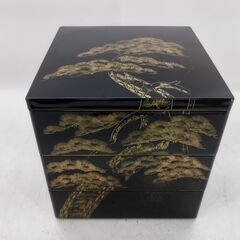 レトロ 重箱 お重 3段重 合成漆器 黒地に松　/TJ-2574 2F南奥の画像