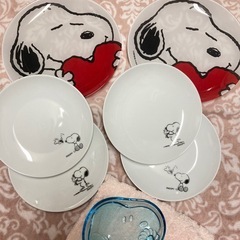 【未使用】スヌーピーペアプレート、プレート、水色ガラスプレートセットの画像