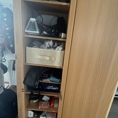 【美品】省スペース！全身ミラー付き多段収納棚（木目調/ナチュラル）の画像