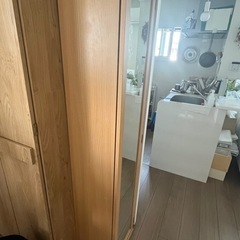 【美品】省スペース！全身ミラー付き多段収納棚（木目調/ナチュラル）の画像