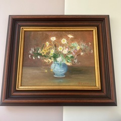昭和レトロ 花瓶の花束 油絵 油彩画 絵画 アート 壁掛け 壁飾り 額装 額縁の画像
