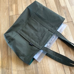【ハンドメイド】帆布トートバッグ 肩がけ ダークカーキ  ペットボトルホルダー付き0927新品未使用の画像