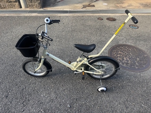 無印良品16型幼児こども自転車アイボリー押し棒・補助輪付 (クランチ