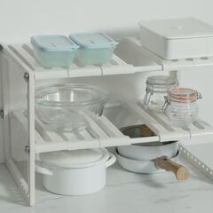 Belca(ベルカ) 日本製 キッチン収納 シンク下フリーラック 伸縮タイプ 幅50~75×奥行30.3×高さ39.8cm ホワイト シンク下収納 2段 棚の画像