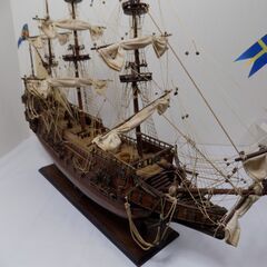 大型帆船模型　長さ９５cm　巾１８cm（船体）～２８cm（帆）　高さ７１cm（折れた部分まで）　スウェーデン海軍　戦列艦　WASA・ヴァーサ号　１６２８年　損傷ありの画像