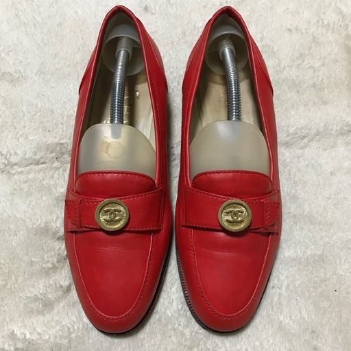 正規品 ヴィンテージ シャネル CoCoボタン ローファー 赤 37 23.5