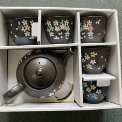 深山窯 陶器 黒泥袋型桜深蒸急須1点 湯呑み5点（合計6点セット）の画像