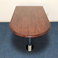 半円テーブル 光沢木目柄ブラウン 高級ダイニングテーブル美品 アンティーク風デザイン 脚部クローム（メッキパイプ）側面アール加工の画像