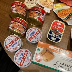 食品合計3千円ほど🔴秋刀魚の蒲焼、サバ味噌煮込み、マグロフレーク、野菜ピラフ、スープパスタ、トマトパスタ、ミックスフルーツパンの画像