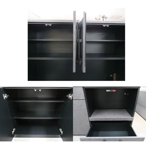 大型 キッチンボード ブラック 幅138.8㎝×奥行42㎝×高さ180.1㎝ レンジボード 食器棚 カップボード 大理石調 西岡店