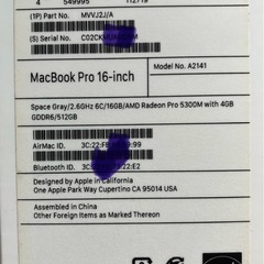 (難あり) Macbook Pro 16インチ　A2141 2019 Apple 16GBの画像