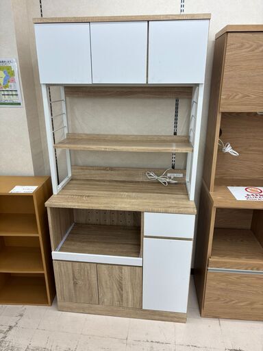 リユースのサカイ栃木店★ジモティ割あり★  食器棚 ホワイト×ベージュ W90×D45.2×H185 クリーニング済み TC10857